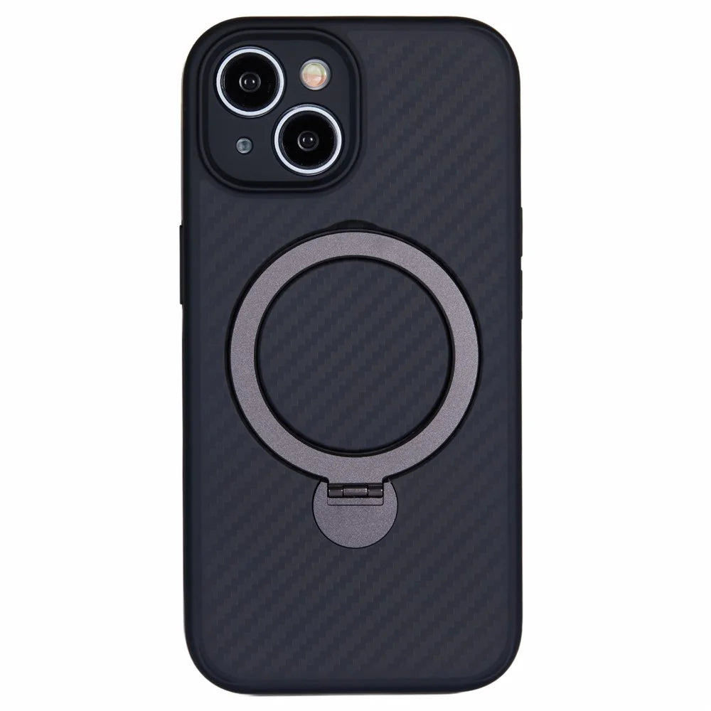 For iPhone 15 Case TPU+PC Carbon Fiber Texture Phone Cover with Rotatable Magnetic Kickstand - 1