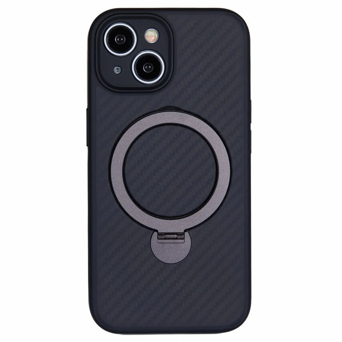 For iPhone 15 Case TPU+PC Carbon Fiber Texture Phone Cover with Rotatable Magnetic Kickstand - 1