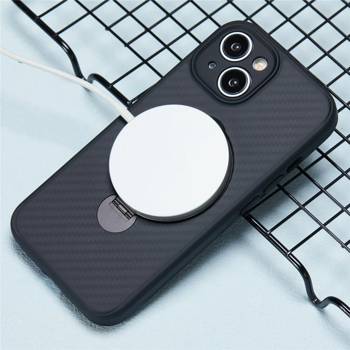 For iPhone 15 Case TPU+PC Carbon Fiber Texture Phone Cover with Rotatable Magnetic Kickstand - 4