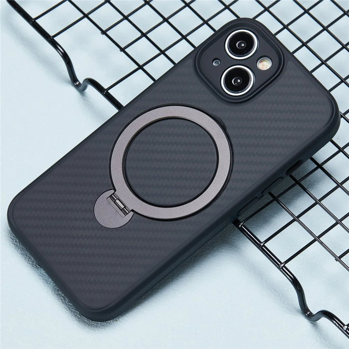 For iPhone 15 Case TPU+PC Carbon Fiber Texture Phone Cover with Rotatable Magnetic Kickstand - 6