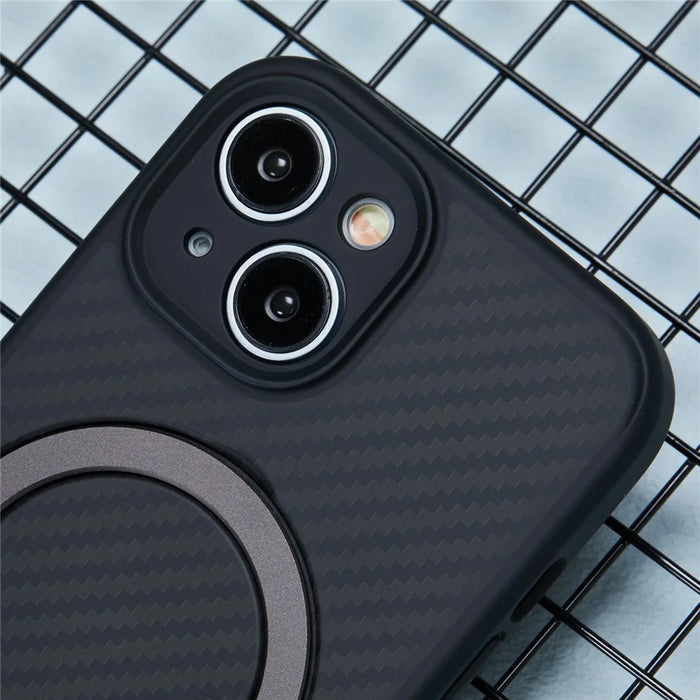 For iPhone 15 Case TPU+PC Carbon Fiber Texture Phone Cover with Rotatable Magnetic Kickstand - 7