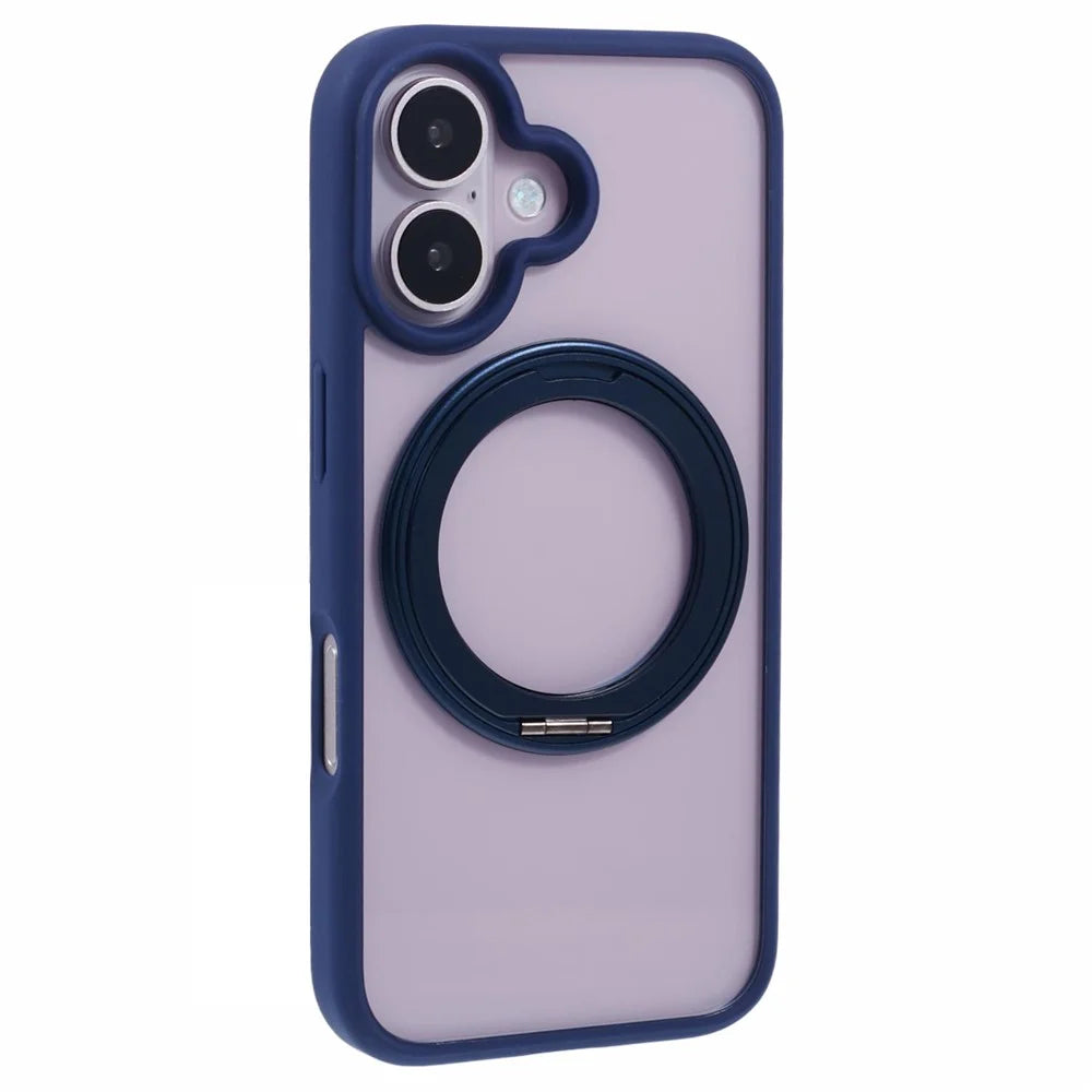 For iPhone 16 Case Built-In Kickstand PC+TPU Phone Cover Rotate Ring Holder - Blue - 1