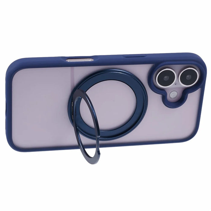 For iPhone 16 Case Built-In Kickstand PC+TPU Phone Cover Rotate Ring Holder - Blue - 4