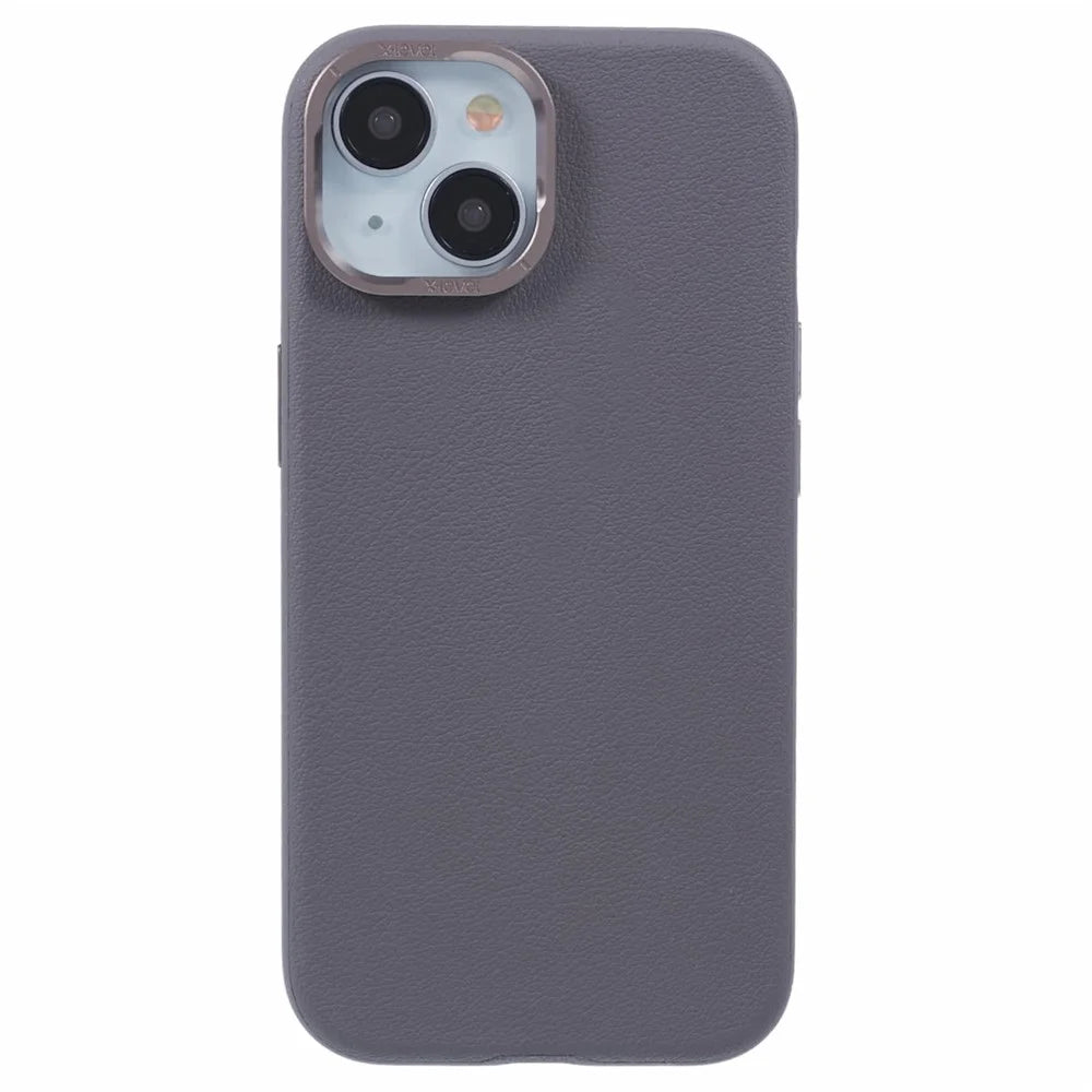 X-LEVEL For iPhone 15 Case Leather + PC Anti-Scratch Phone Case Metal Lens Frame - Grey - 3