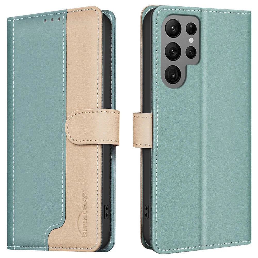 BINFEN COLOR BF33 For Samsung Galaxy S23 Ultra Case Dual Color Leather Wallet Phone Cover - Green - 1