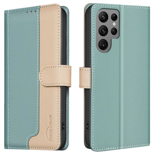 BINFEN COLOR BF33 For Samsung Galaxy S23 Ultra Case Dual Color Leather Wallet Phone Cover - Green - 1