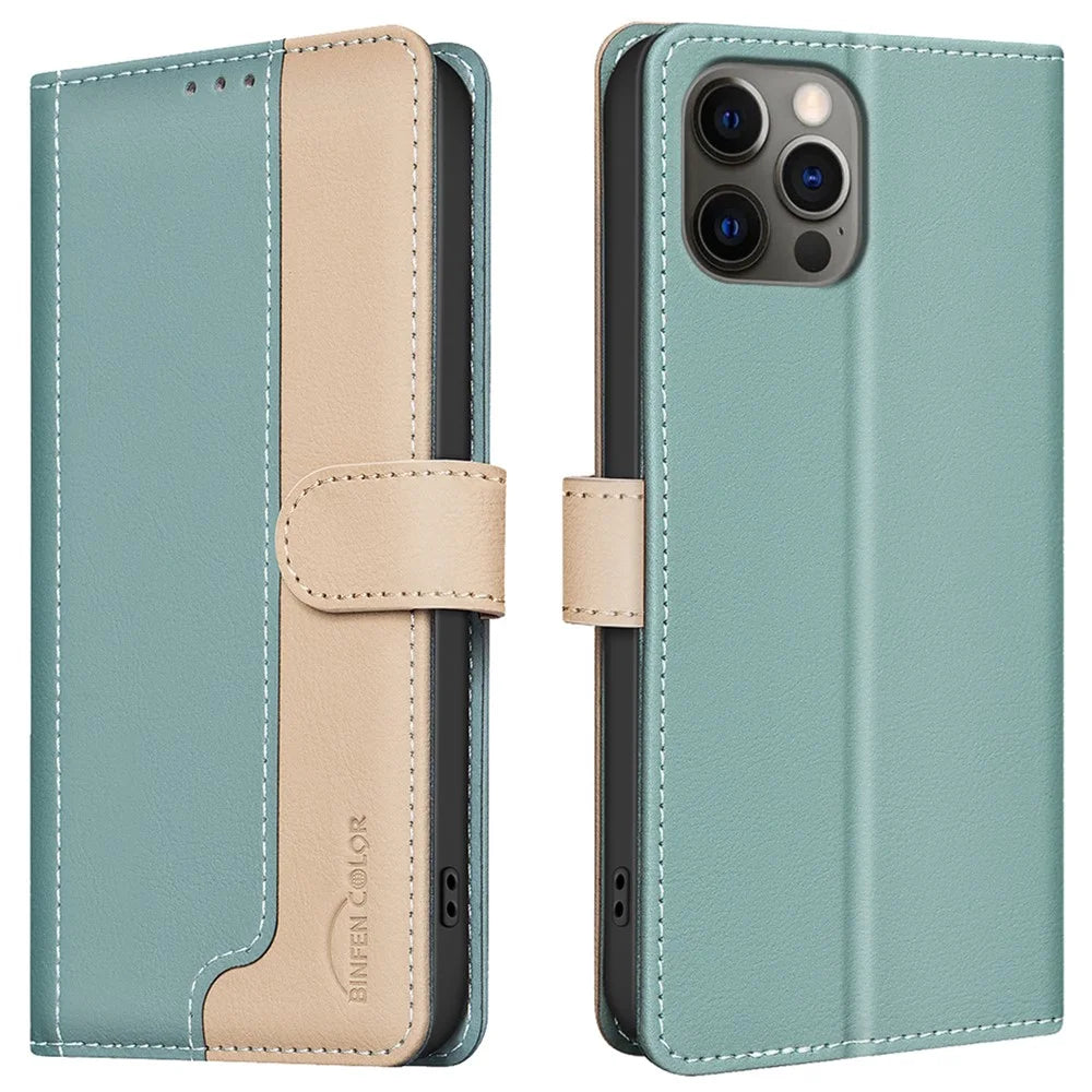 BINFEN COLOR BF33 For iPhone 13 Pro Case RFID Blocking Leather Wallet Flip Phone Cover - Green - 1