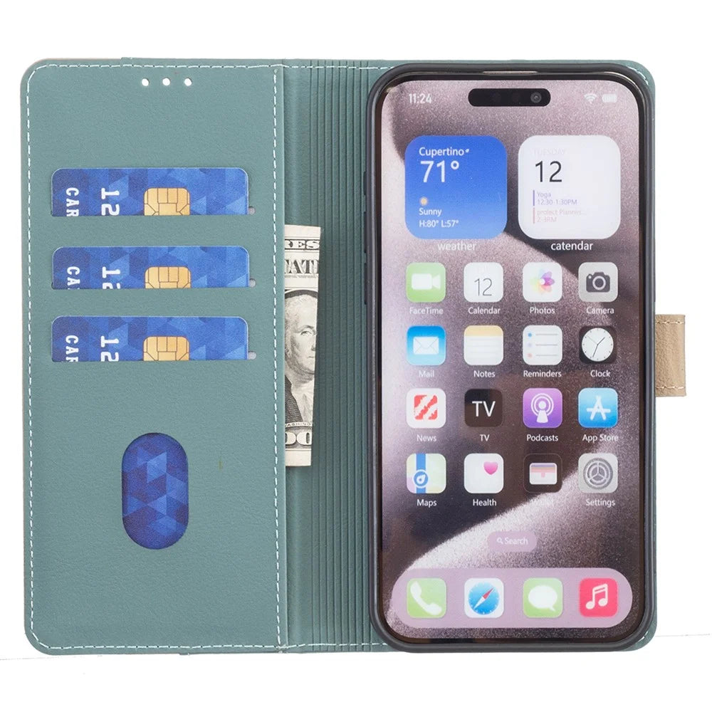 BINFEN COLOR BF33 For iPhone 14 Pro Max Leather Case Splicing Color Stand Phone Cover - Green - 2