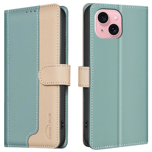 BINFEN COLOR BF33 For iPhone 14 / 13 Case Splicing Color PU Leather Protective Phone Cover - Green - 1