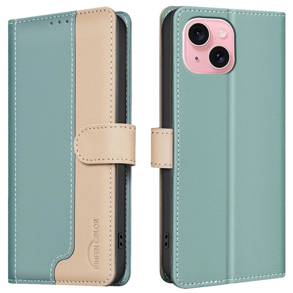 BINFEN COLOR BF33 For iPhone 14 / 13 Case Splicing Color PU Leather Protective Phone Cover - Green - 1