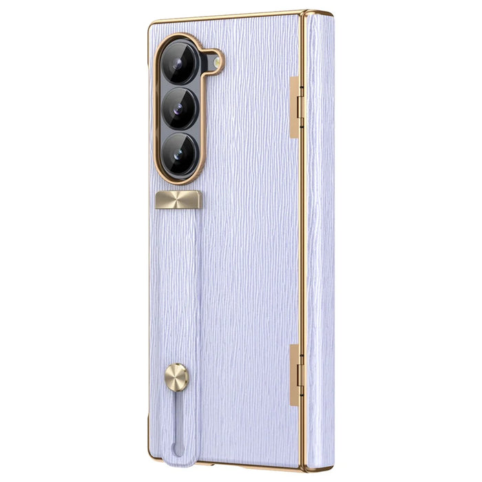 For Samsung Galaxy Z Fold5 5G Case Retractable Wrist Band Leather+PC Folding Phone Cover - Purple - 2