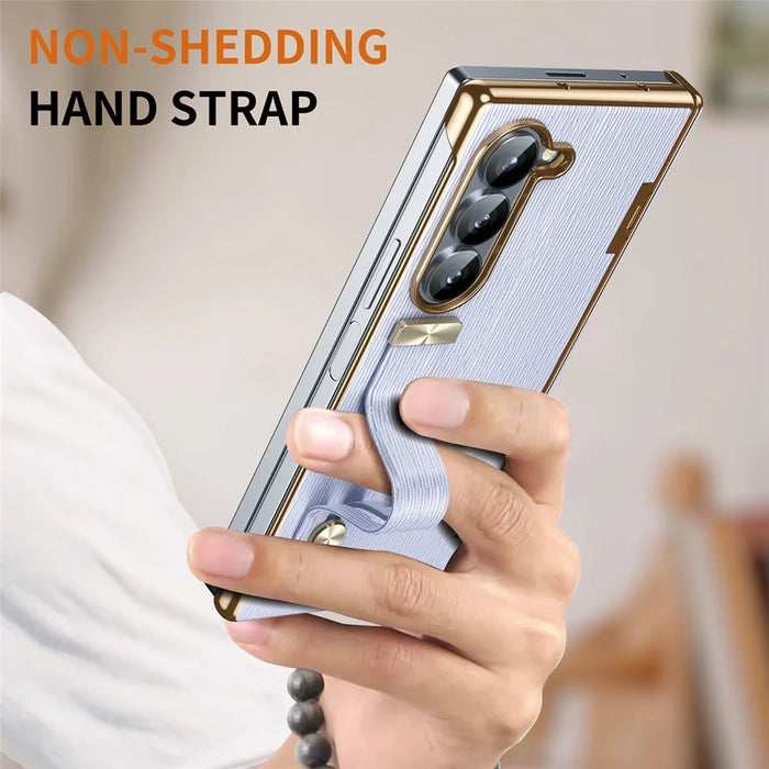 For Samsung Galaxy Z Fold5 5G Case Retractable Wrist Band Leather+PC Folding Phone Cover - Purple - 4