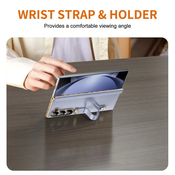 For Samsung Galaxy Z Fold5 5G Case Retractable Wrist Band Leather+PC Folding Phone Cover - Purple - 5