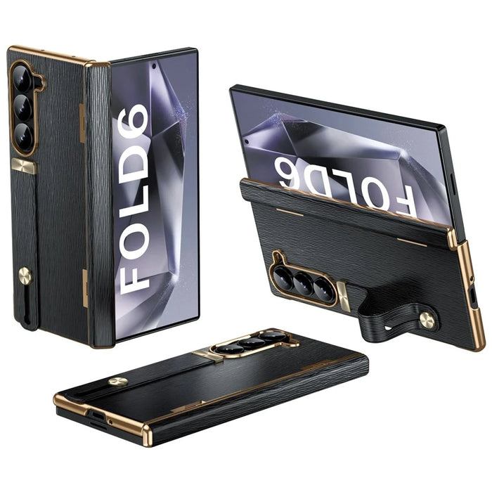 For Samsung Galaxy Z Fold6 5G Case Wrist Band Hinge Protection Leather+PC Phone Cover - Black - 1