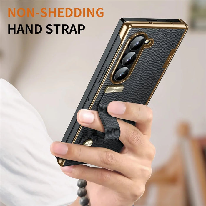 For Samsung Galaxy Z Fold6 5G Case Wrist Band Hinge Protection Leather+PC Phone Cover - Black - 4