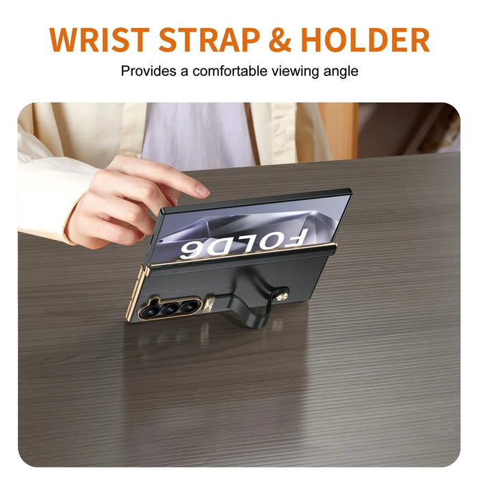 For Samsung Galaxy Z Fold6 5G Case Wrist Band Hinge Protection Leather+PC Phone Cover - Black - 5
