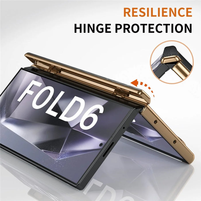 For Samsung Galaxy Z Fold6 5G Case Wrist Band Hinge Protection Leather+PC Phone Cover - Black - 6