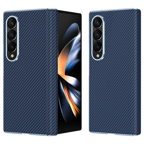 For Samsung Galaxy Z Fold4 5G Case Carbon Fiber Texture Leather Hard PC Phone Cover - Blue - 1