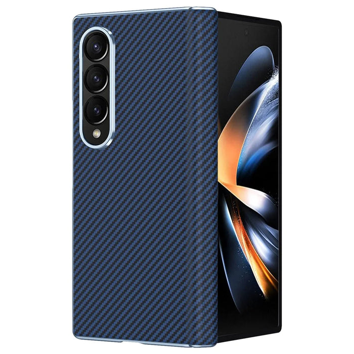 For Samsung Galaxy Z Fold4 5G Case Carbon Fiber Texture Leather Hard PC Phone Cover - Blue - 3