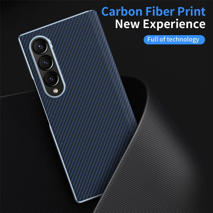 For Samsung Galaxy Z Fold4 5G Case Carbon Fiber Texture Leather Hard PC Phone Cover - Blue - 4