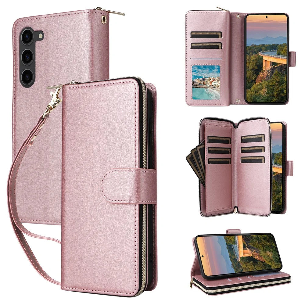 R20 For Samsung Galaxy S23+ Case Zipper Pocket Leather Phone Cover with 9 Card Slots - Rose Gold - 1
