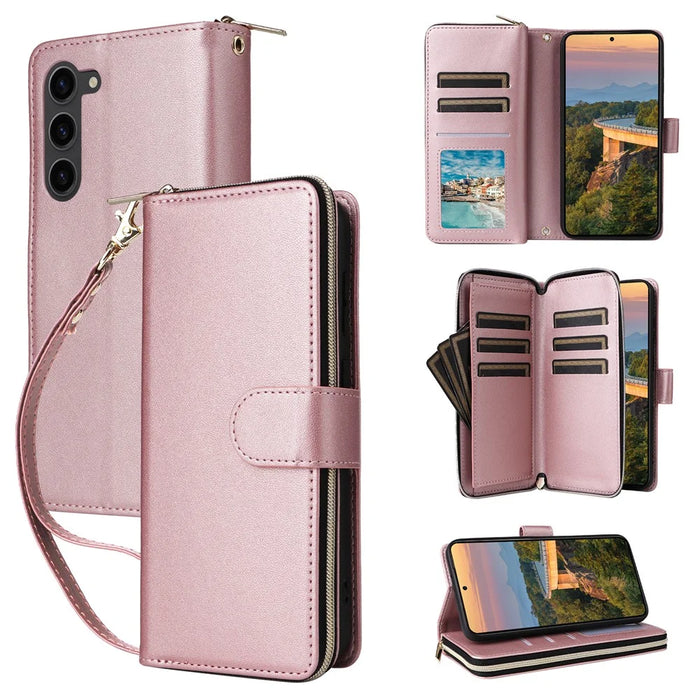 R20 For Samsung Galaxy S23+ Case Zipper Pocket Leather Phone Cover with 9 Card Slots - Rose Gold - 1