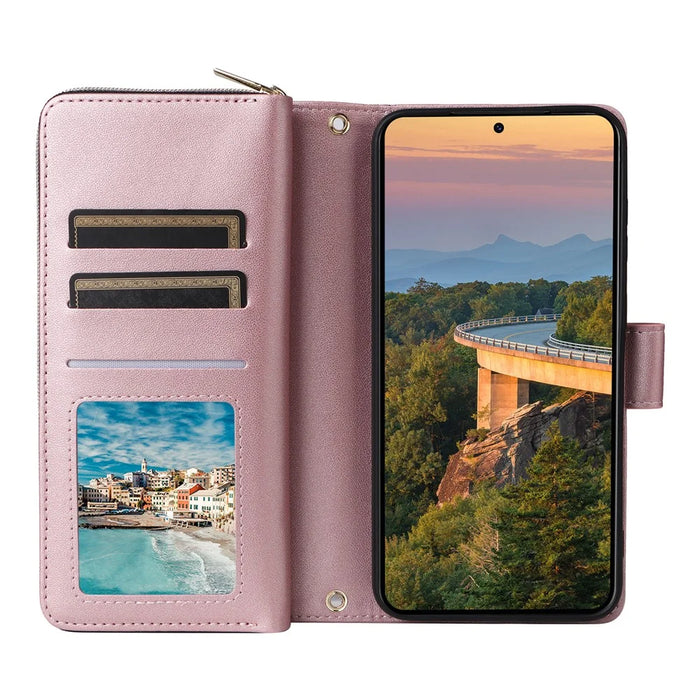 R20 For Samsung Galaxy S23+ Case Zipper Pocket Leather Phone Cover with 9 Card Slots - Rose Gold - 2
