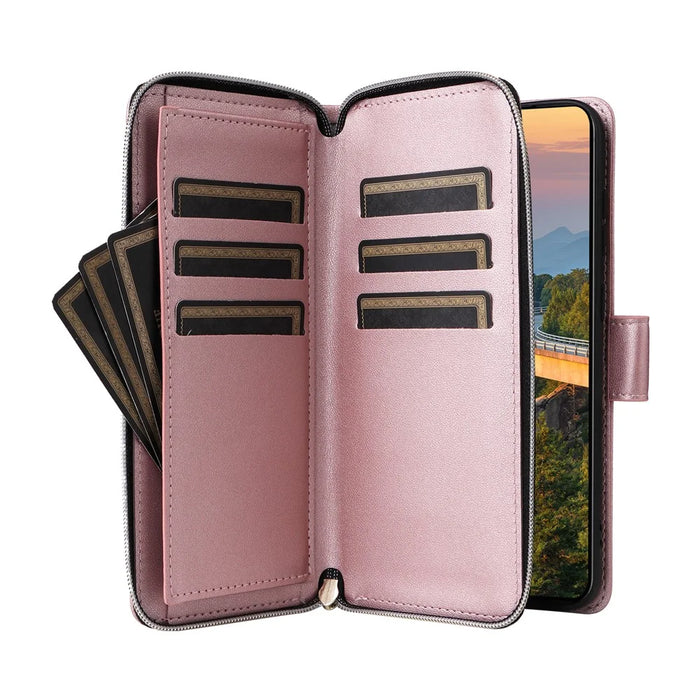 R20 For Samsung Galaxy S23+ Case Zipper Pocket Leather Phone Cover with 9 Card Slots - Rose Gold - 3