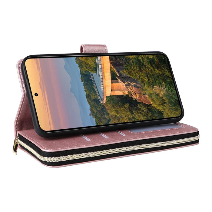 R20 For Samsung Galaxy S23+ Case Zipper Pocket Leather Phone Cover with 9 Card Slots - Rose Gold - 4