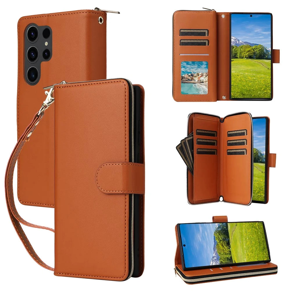R20 For Samsung Galaxy S23 Ultra Case Zipper PU Leather Phone Cover with Straps - Brown - 1