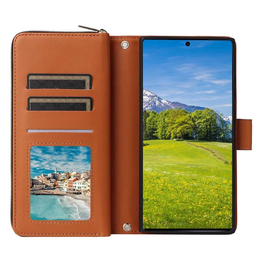 R20 For Samsung Galaxy S23 Ultra Case Zipper PU Leather Phone Cover with Straps - Brown - 2