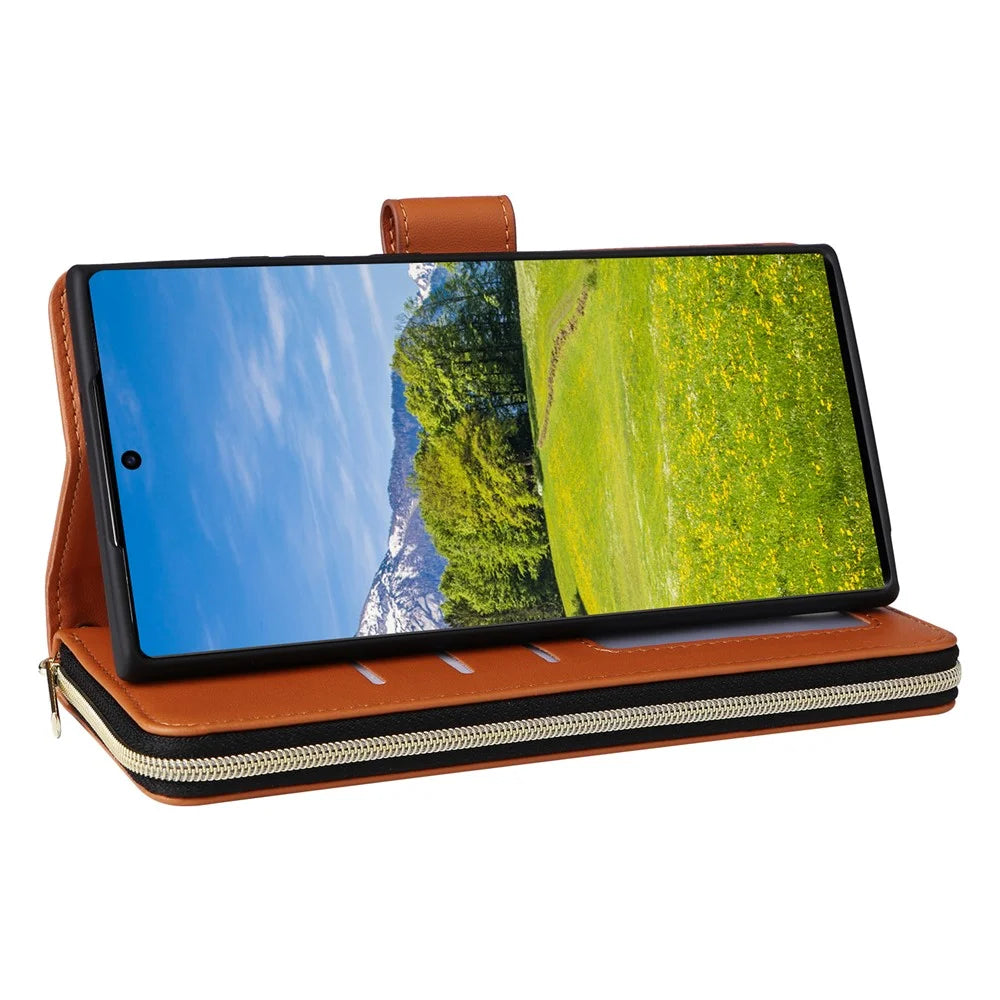R20 For Samsung Galaxy S23 Ultra Case Zipper PU Leather Phone Cover with Straps - Brown - 4