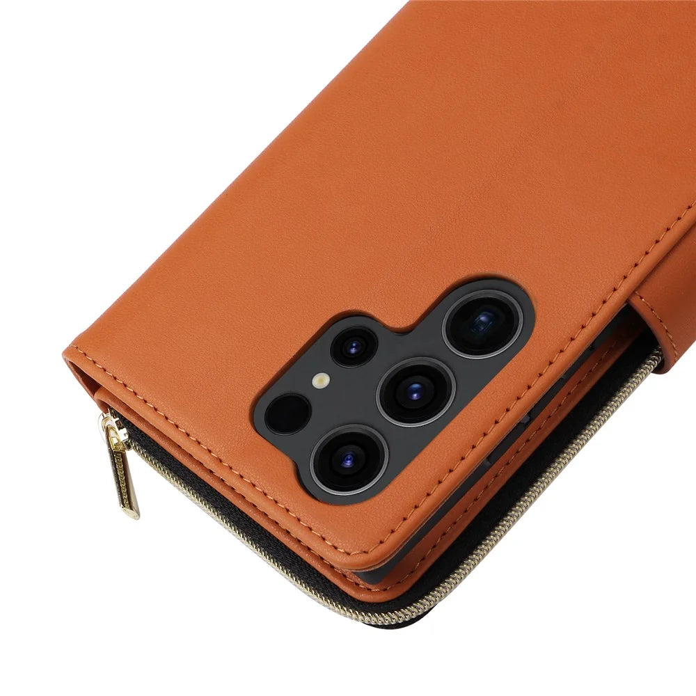 R20 For Samsung Galaxy S23 Ultra Case Zipper PU Leather Phone Cover with Straps - Brown - 7
