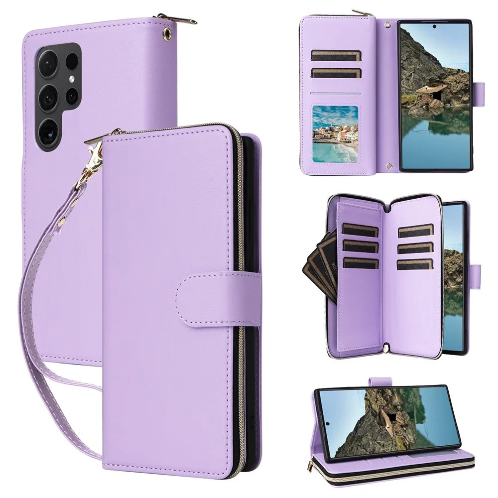 R20 For Samsung Galaxy S24 Ultra Case PU Leather Zipper Pocket Phone Cover - Light Purple - 1