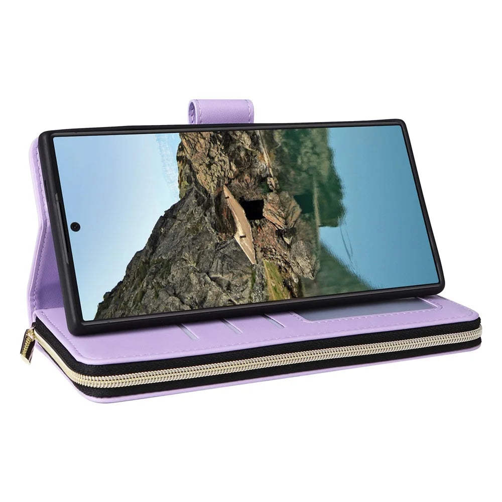 R20 For Samsung Galaxy S24 Ultra Case PU Leather Zipper Pocket Phone Cover - Light Purple - 4