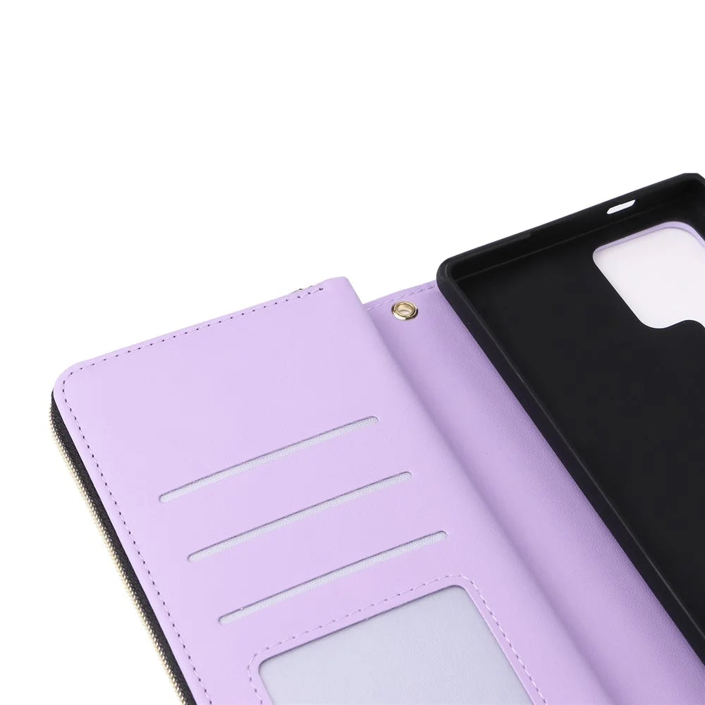 R20 For Samsung Galaxy S24 Ultra Case PU Leather Zipper Pocket Phone Cover - Light Purple - 7