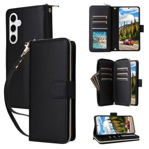 R20 For Samsung Galaxy S24 Case Zipper Leather Phone Cover with 9 Card Slots - Black - 1