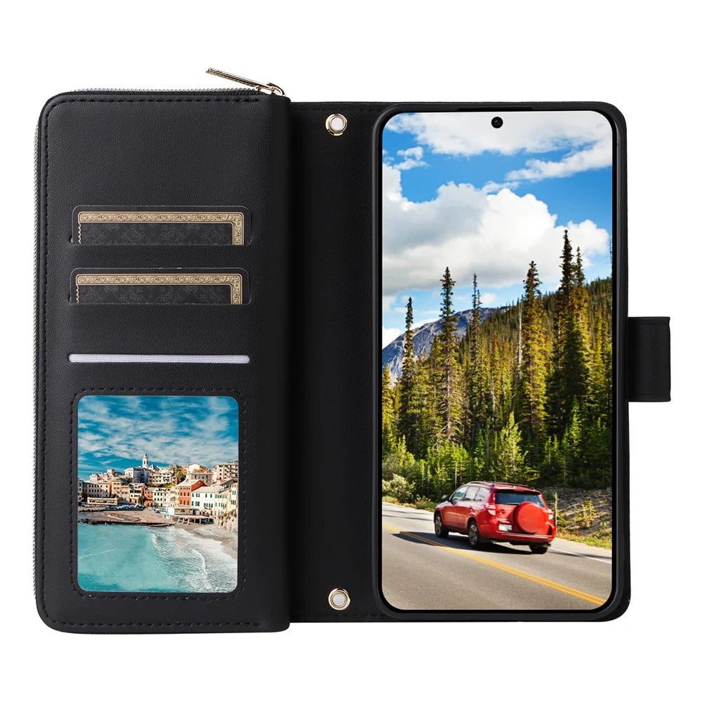 R20 For Samsung Galaxy S24 Case Zipper Leather Phone Cover with 9 Card Slots - Black - 2