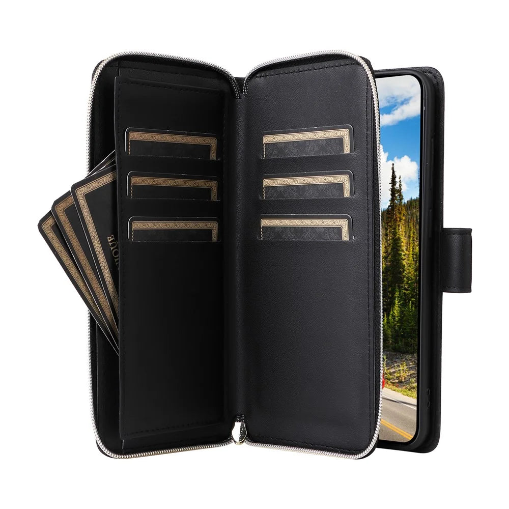 R20 For Samsung Galaxy S24 Case Zipper Leather Phone Cover with 9 Card Slots - Black - 3