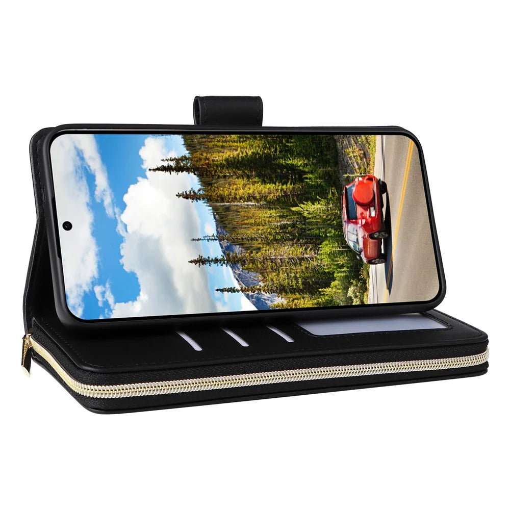 R20 For Samsung Galaxy S24 Case Zipper Leather Phone Cover with 9 Card Slots - Black - 4
