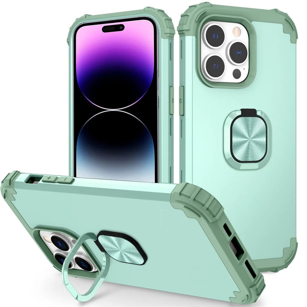 For iPhone 14 Pro Max L-Style Phone Case with Ring Holder Kickstand Protective Phone Back Cover - Green - 1