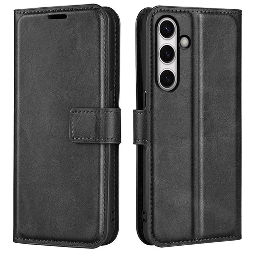For Samsung Galaxy S24 FE Stand Case Calf Texture Anti-Scratch Leather Phone Cover - Black - 1