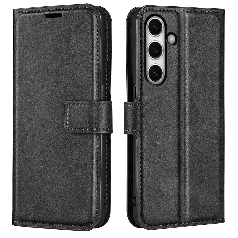 For Samsung Galaxy S24 FE Stand Case Calf Texture Anti-Scratch Leather Phone Cover - Black - 1