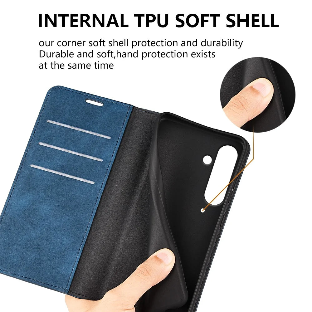 For Samsung Galaxy S24 FE Case Skin-Touch Drop-Proof Leather Wallet Phone Cover - Blue - 6