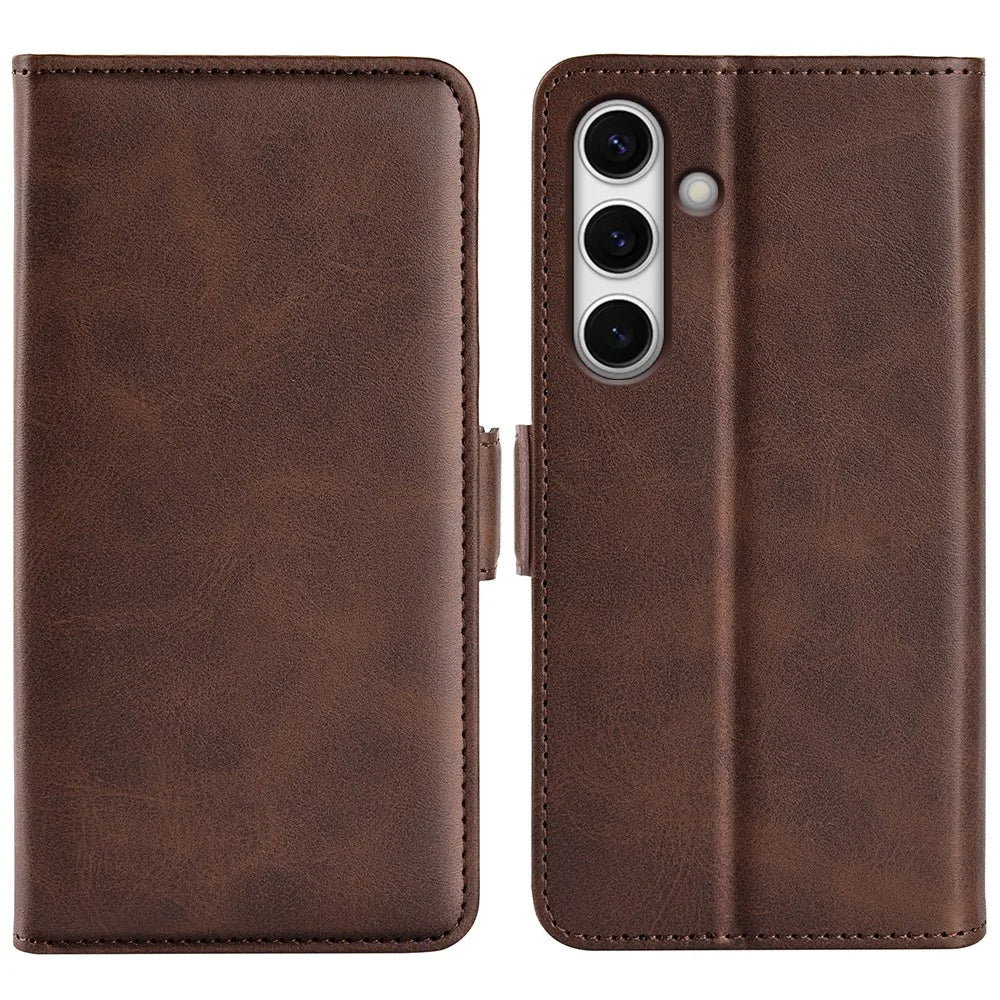 For Samsung Galaxy S24 FE Stand Case Calf Texture Leather Phone Cover with Wallet - Brown - 1