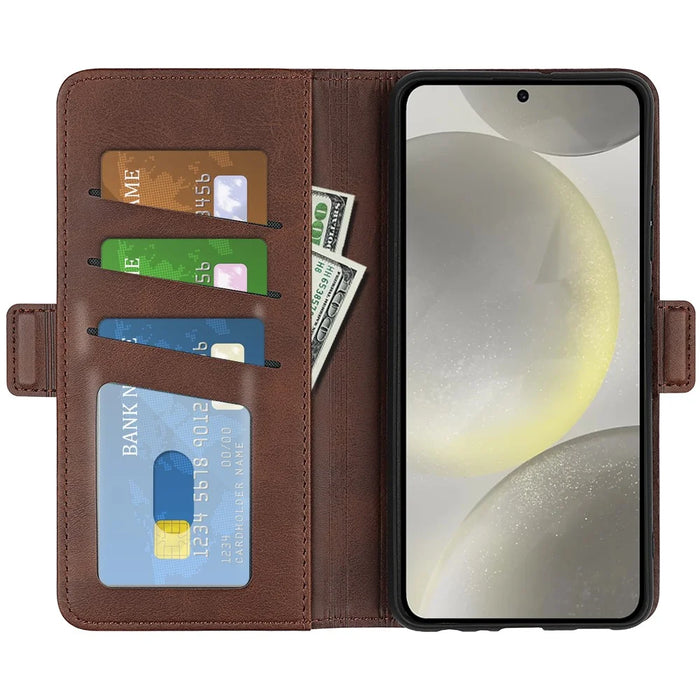 For Samsung Galaxy S24 FE Stand Case Calf Texture Leather Phone Cover with Wallet - Brown - 2