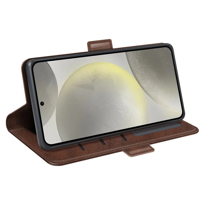 For Samsung Galaxy S24 FE Stand Case Calf Texture Leather Phone Cover with Wallet - Brown - 3