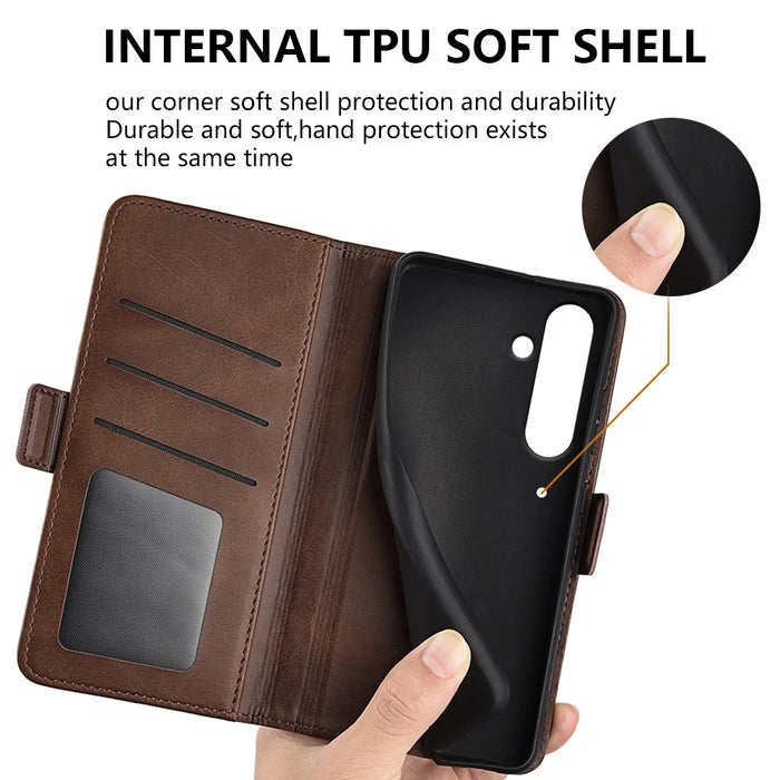 For Samsung Galaxy S24 FE Stand Case Calf Texture Leather Phone Cover with Wallet - Brown - 5