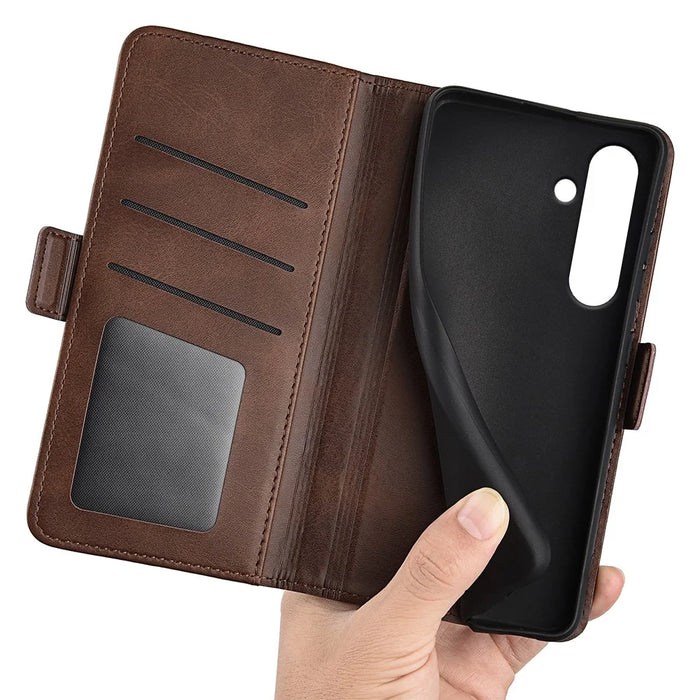 For Samsung Galaxy S24 FE Stand Case Calf Texture Leather Phone Cover with Wallet - Brown - 7