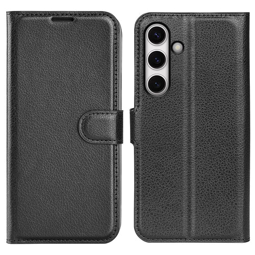 For Samsung Galaxy S24 FE Wallet Phone Case Litchi Texture Anti-Drop Leather Folio Flip Cover - Black - 1